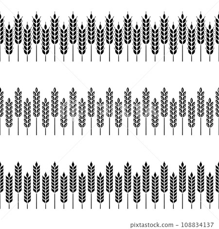 Wheat ears borders. Horizontal wheat, barley and rye frame seamless pattern brushes. Elements for beer, bread and bakery, flour product wrapping package. Vector set 108834137