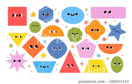 Geometric figures character. Geometry abstract characters with funny face. Colorful geometrical shapes with different texture for kid preschool education. Vector set 108834143