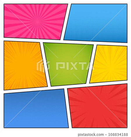 Comic book page. Cartoon frame with halftone texture, radial ray effects. Template magazine page in pop art style. Colorful empty comical book background. Vector concept Comic book page. Cartoon frame with halftone texture, radial ray effects. Template magazine page in pop art style. Colorful empty comical book background. Vector concept 108834188