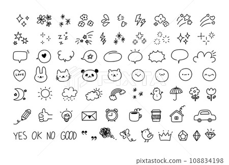 Doodle line design elements. Sketch daily stickers for planner. Cute hand draw speech bubble, decor stars, prints animal signs, weather icon, emotion effects. Vector set Doodle line design elements. Sketch daily stickers for planner. Cute hand draw speech bubble, decor stars, prints animal signs, weather icon, emotion effects. Vector set 108834198