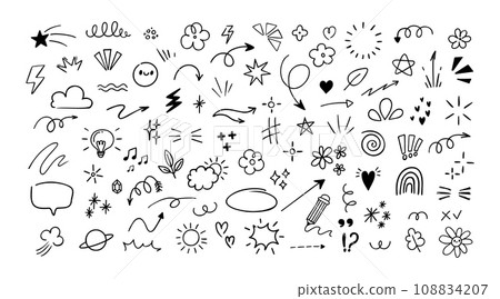 Doodle line elements. Hand drawn pen design decorations. Simple cartoon sketch symbols heart, arrow, sparkle, star, glitter, flowers, isolated on white background vector set Doodle line elements. Hand drawn pen design decorations. Simple cartoon sketch symbols heart, arrow, sparkle, star, glitter, flowers, isolated on white background vector set 108834207