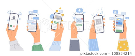 Phone in hands. Person use smartphone app. Hand scroll social media and touch screen. People send messages, listen to music, user surf internet, tap mobile phone. Vector set 108834214