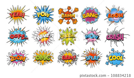 Comic bubble sign. Cartoon colorful burst clouds, comics explosion speech bubbles. Boom dialogue frame, bang effect with text for pop art comics book, isolated vector set 108834218