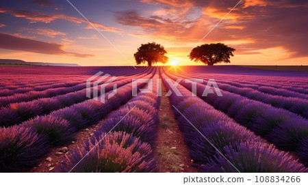 Lavender field and tree silhouette at sunset 108834266