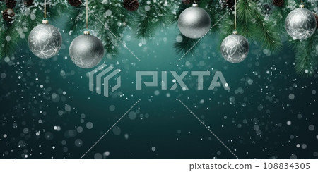 Christmas background with silver balls, christmas tree branches and snowflakes. Holiday concept for banner, greeting card, invitation. Christmas background with silver balls, christmas tree branches and snowflakes. Holiday concept for banner, greeting card, invitation. 108834305