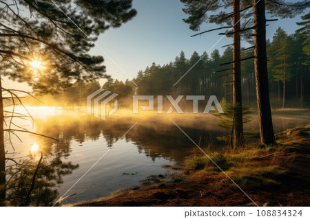 Pine forest and lake at sunrise. The nature of Scandinavia Pine forest and lake at sunrise. The nature of Scandinavia 108834324