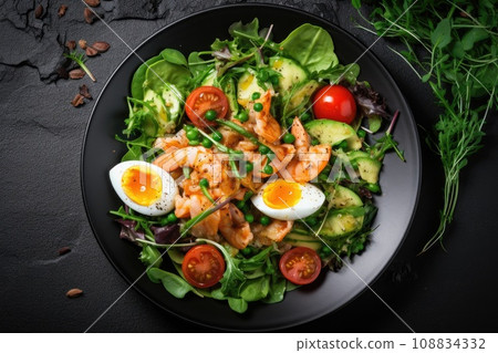 Green leafy salad with avocado, egg and shrimp on plate 108834332