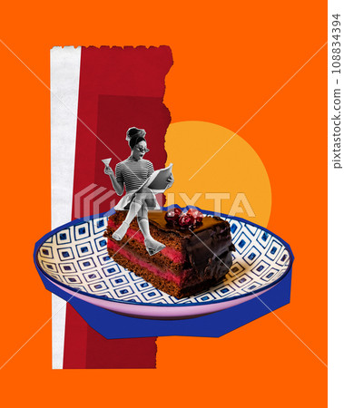 Elegant young woman sitting on delicious chocolate cake and reading newspaper against colorful background. Contemporary art collage. 108834394