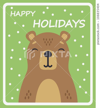Cute capybara on a green snowy background. Cartoon winter poster. Vector postcard. 108835404
