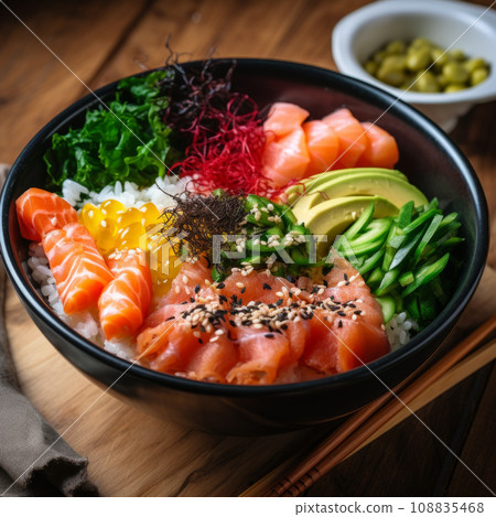 deep bowl with rice, tuna, salmon, avocado 108835468
