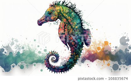 Seahorse: Colorful, psychedelic and surrealist watercolor painting 108835674