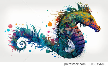 Seahorse: Colorful, psychedelic and surrealist watercolor painting 108835689