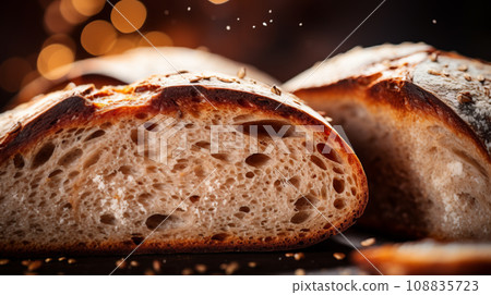 Sourdough bread with crispy crust on wooden shelf. Sourdough bread with crispy crust on wooden shelf. 108835723