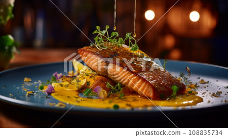 Grilled salmon fillet with crispy skin and toasted asparagus on a plate. 108835734
