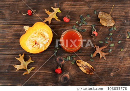 Pumpkin jam on table, top view. 108835778