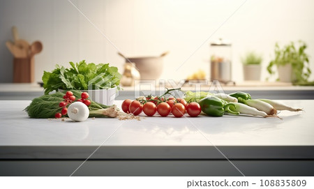 Modern white kitchen with fresh vegetables and greens on the table. Modern white kitchen with fresh vegetables and greens on the table. 108835809