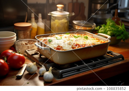 Cozy kitchen counter with a freshly baked mini lasagna, homey cooking atmosphere, kitchen tools Cozy kitchen counter with a freshly baked mini lasagna, homey cooking atmosphere, kitchen tools 108835852