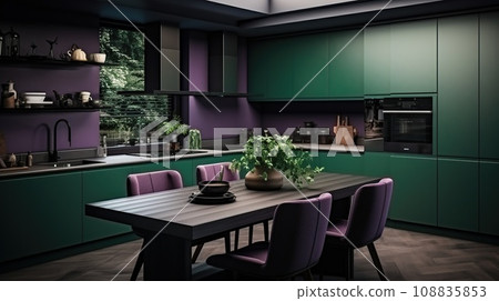 Kitchen, violet and dark green colors. Interior design Kitchen, violet and dark green colors. Interior design 108835853