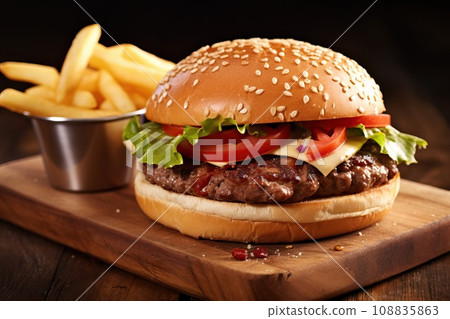 Delicious fresh tasty burger and french fries on wooden table Delicious fresh tasty burger and french fries on wooden table 108835863