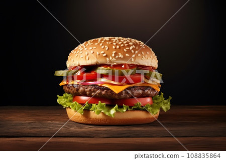Delicious fresh tasty burger and french fries on wooden table Delicious fresh tasty burger and french fries on wooden table 108835864