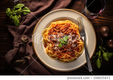 Classic spaghetti bolognese, highlighting the rich tomato sauce, perfectly cooked pasta, and grated Parmesan cheese 108835871