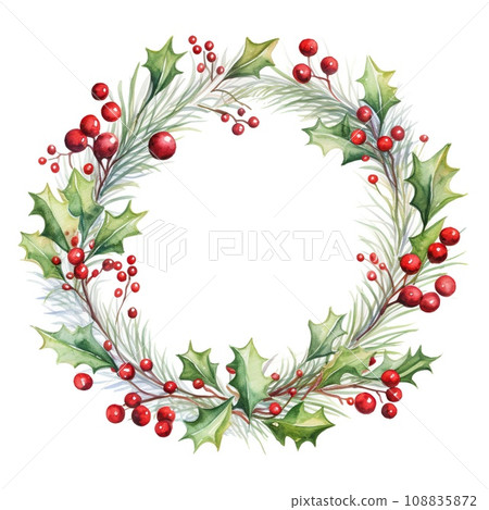 Christmas wreath of red berries and leaves. Watercolor illustration 108835872