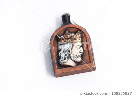 ceramic jug isolated on white background. jug with king pattern ceramic jug isolated on white background. jug with king pattern 108835927
