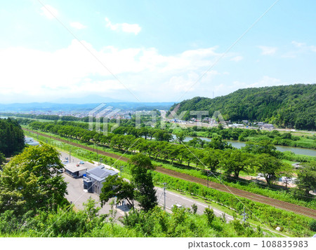 夏季白石川河堤 瞳千本櫻櫻花樹和鐵軌 108835983