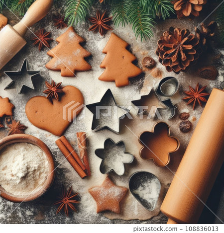 Gingerbread dough with metal cutters in different shapes for christmas cookies wooden rolling pin 108836013