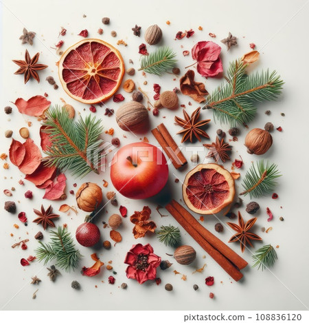 Christmas greeting card from scattered spruce twigs, red dry petals of fruit tree, golden fruits 108836120