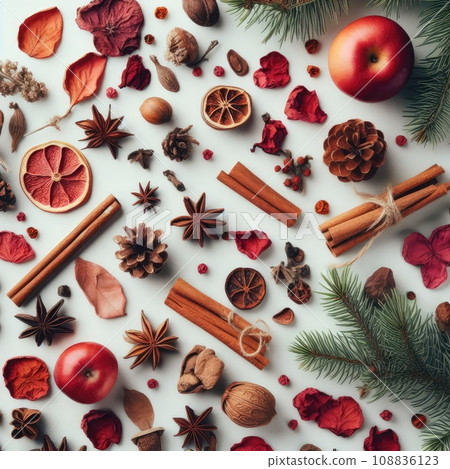 Christmas greeting card from scattered spruce twigs, red dry petals of fruit tree, golden fruits 108836123