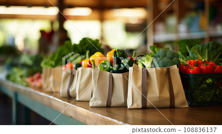reusable bags with groceries 108836137