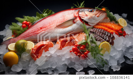 Fresh fish on ice at the fish market, seafood concept 108836141