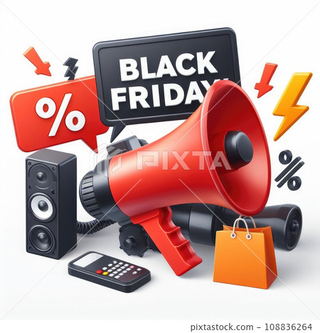 Black Friday sign realistic 3d cartoon style elements, red megaphone, loudspeaker, percent symbols 108836264