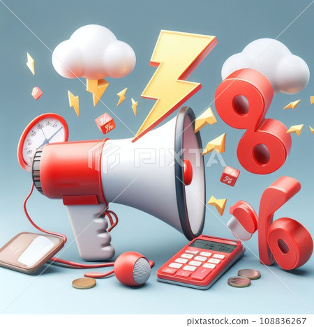 Black Friday sign realistic 3d cartoon style elements, red megaphone, loudspeaker, percent symbols 108836267