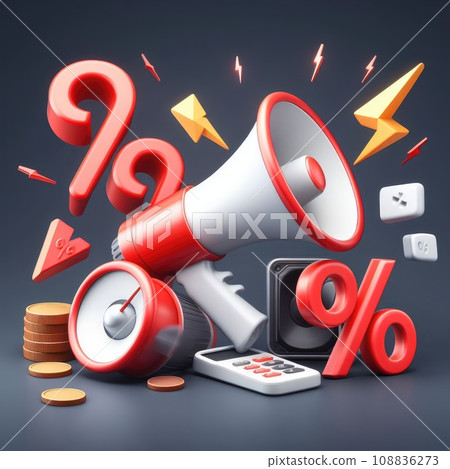 Black Friday sign realistic 3d cartoon style elements, red megaphone, loudspeaker, percent symbols 108836273