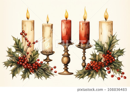 Candles surrounded by holly leaves 108836483