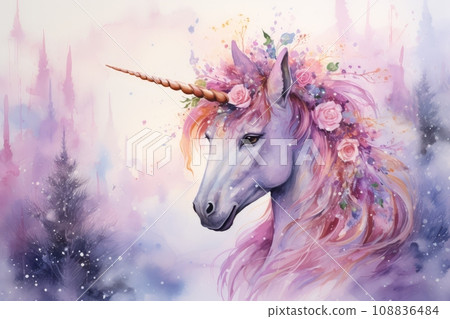 Magical winter forest with Unicorn 108836484