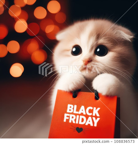 Pug puppy hugs kitten and holds shopping bag with black friday text. isolated on white background 108836573