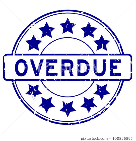 Grunge blue overdue word with star icon round rubber seal stamp on white background 108836895