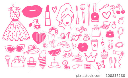 Beauty and fashion doodles in pink colors 108837288