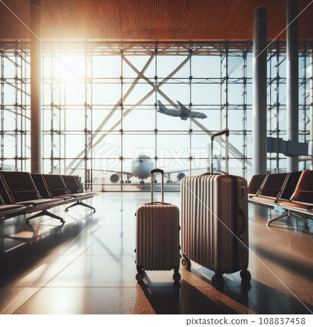 traveling luggage in airport terminal building and jet plane flying over urban scene traveling luggage in airport terminal building and jet plane flying over urban scene 108837458