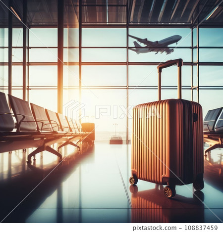 traveling luggage in airport terminal building and jet plane flying over urban scene traveling luggage in airport terminal building and jet plane flying over urban scene 108837459