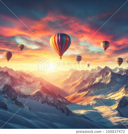 A photo of four colorful air balloons flying over icy rock hills A photo of four colorful air balloons flying over icy rock hills 108837472