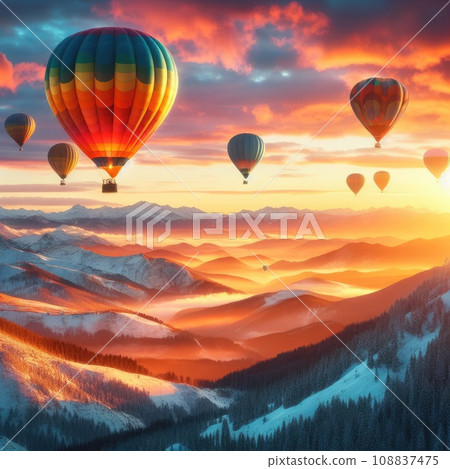 A photo of four colorful air balloons flying over icy rock hills A photo of four colorful air balloons flying over icy rock hills 108837475
