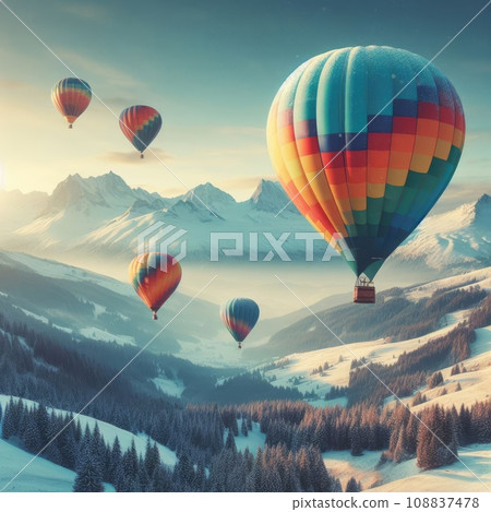 A photo of four colorful air balloons flying over icy rock hills A photo of four colorful air balloons flying over icy rock hills 108837478