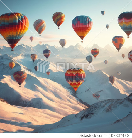 A photo of four colorful air balloons flying over icy rock hills A photo of four colorful air balloons flying over icy rock hills 108837480