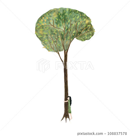 Hand-painted watercolor girl hugging the tree isolated on white 108837578