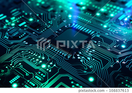 Digital circuit board microprocessor motherboard computer hardware in neon green and blue glowing light, futuristic technology abstract background. Generative AI 108837613
