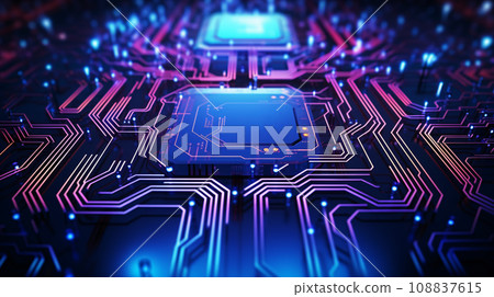 Digital circuit board microprocessor motherboard computer hardware in neon purple and blue glowing light, futuristic technology abstract background. Generative AI Digital circuit board microprocessor motherboard computer hardware in neon purple and blue glowing light, futuristic technology abstract background. Generative AI 108837615